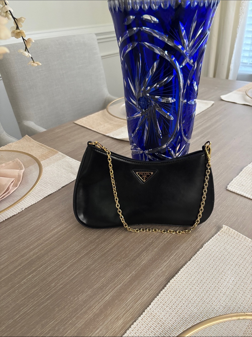 Prada Black Leather Mini Shoulder Bag with Gold Chain